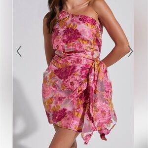 Showpo Pink One Shoulder Floral Mini Dress with Gold Accents
